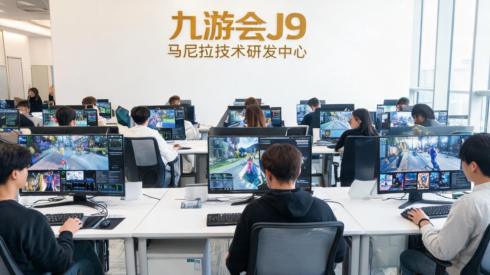 九游会J9官方平台马尼拉技术研发中心，宽敞明亮的开放式办公室内，年轻程序员们正专注地调试视讯游戏画面，墙上挂着九游会金色logo